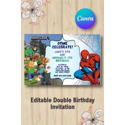 Twin Minecraft and Spiderman Invitation | Canva Template